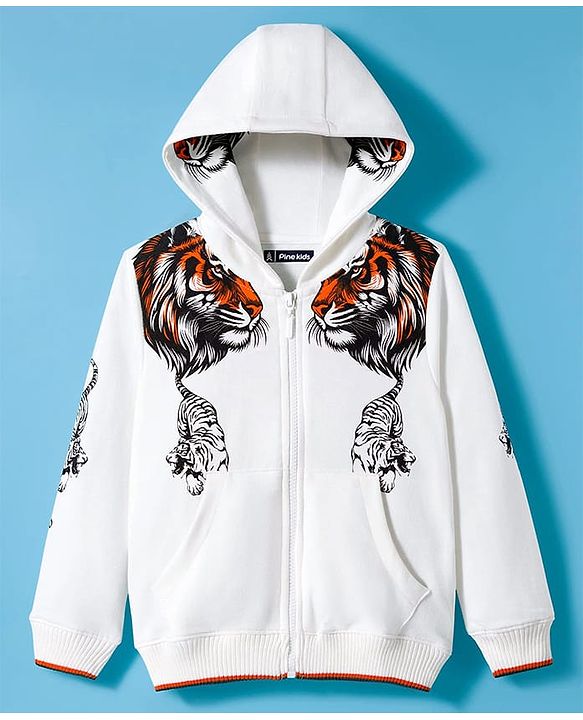 Pine Kids Knit Full Sleeves Hooded Sweatjacket With Animal Print & Kangaroo Pockets - White