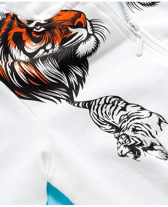 Pine Kids Knit Full Sleeves Hooded Sweatjacket With Animal Print & Kangaroo Pockets - White