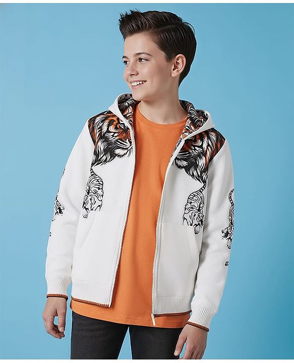 Pine Kids Knit Full Sleeves Hooded Sweatjacket With Animal Print & Kangaroo Pockets - White