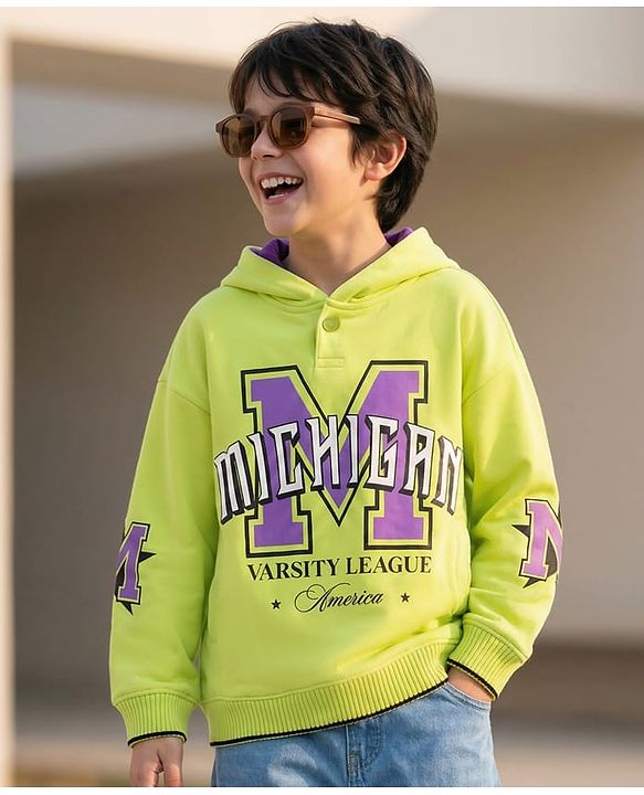Pine Kids Knit Full Sleeves Hooded Sweatshirt With Michigan Text Print - Lime Green