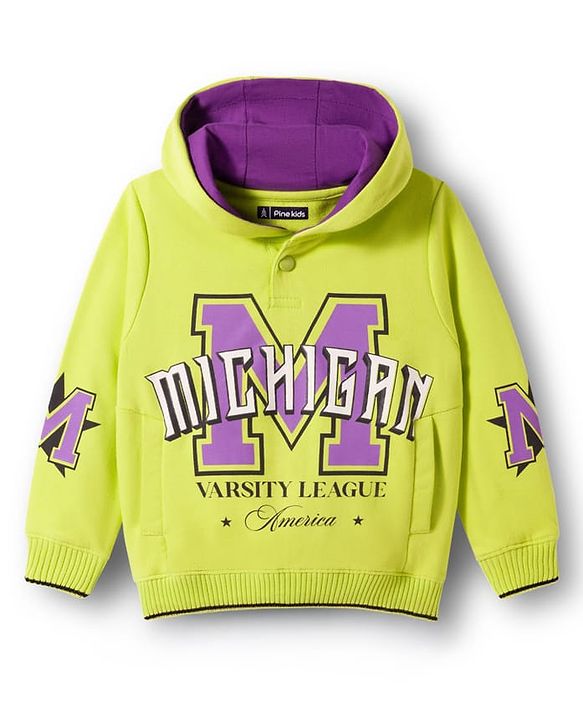 Pine Kids Knit Full Sleeves Hooded Sweatshirt With Michigan Text Print - Lime Green