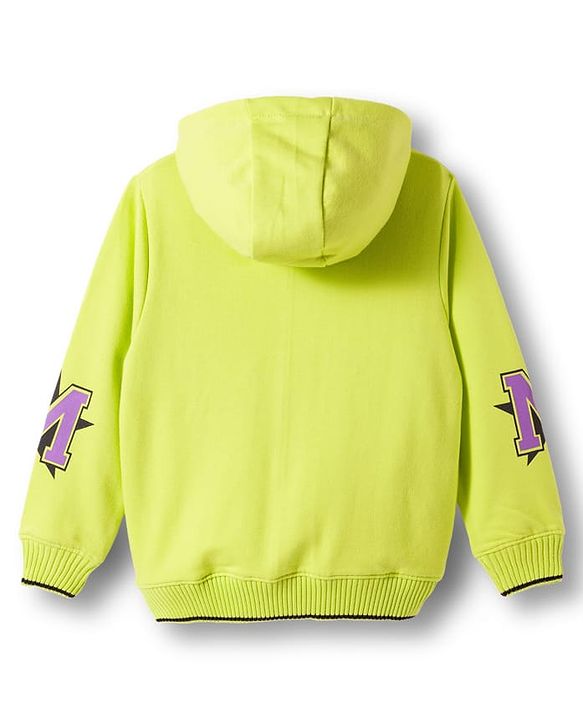 Pine Kids Knit Full Sleeves Hooded Sweatshirt With Michigan Text Print - Lime Green