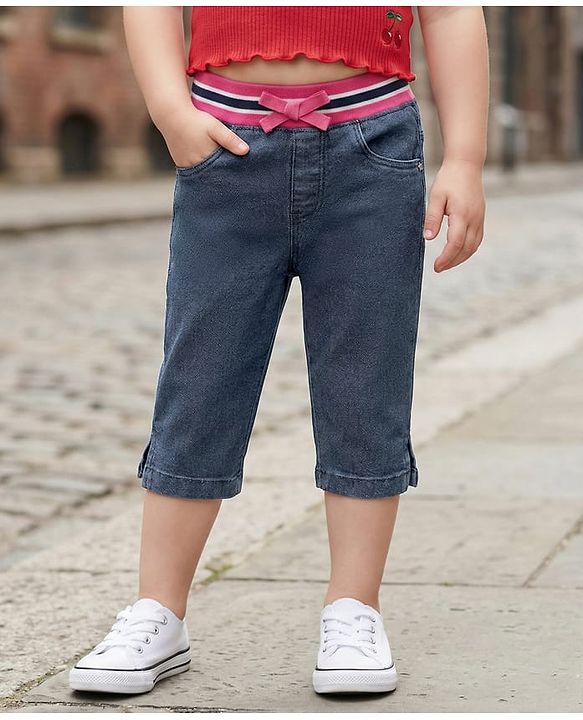 Babyhug Washed Denim Capri With Ribbed Waist - Navy Blue