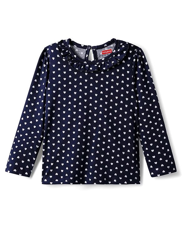 Babyhug 100% Cotton Knit Full Sleeves Top with Heart Print & Frill Detailing - Navy Blue