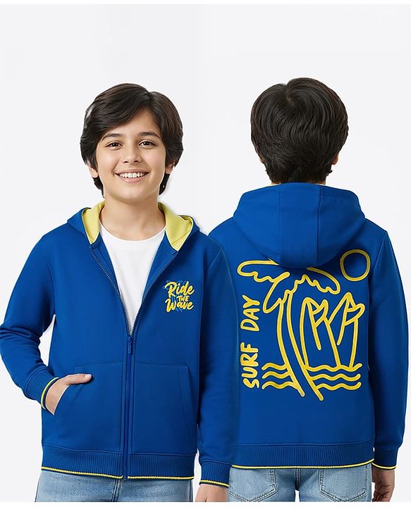 Pine Kids Knit Full Sleeves Hooded SweatJacket with Text Graphic & Kangaroo Pocket - Blue