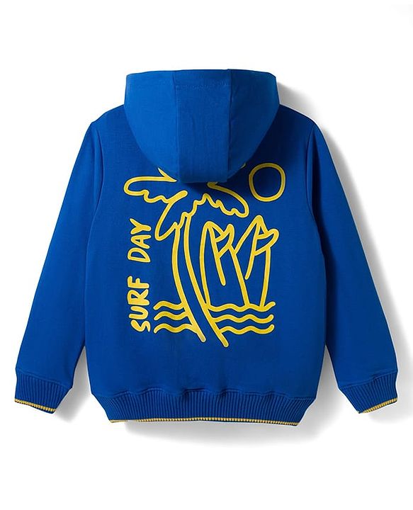 Pine Kids Knit Full Sleeves Hooded SweatJacket with Text Graphic & Kangaroo Pocket - Blue
