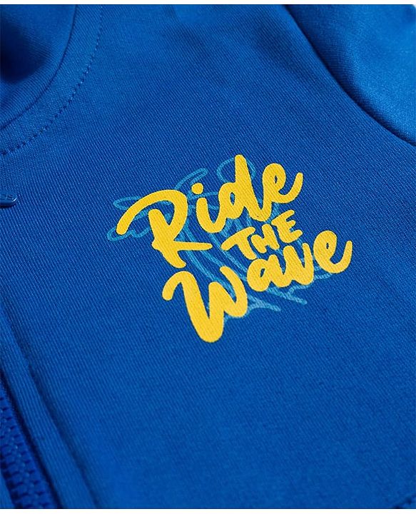 Pine Kids Knit Full Sleeves Hooded SweatJacket with Text Graphic & Kangaroo Pocket - Blue