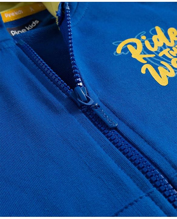 Pine Kids Knit Full Sleeves Hooded SweatJacket with Text Graphic & Kangaroo Pocket - Blue