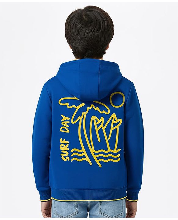Pine Kids Knit Full Sleeves Hooded SweatJacket with Text Graphic & Kangaroo Pocket - Blue