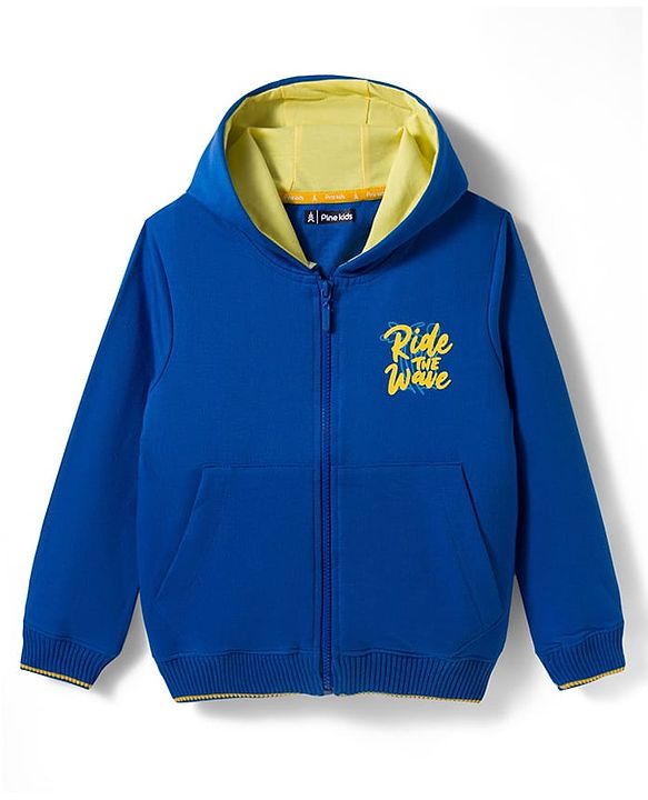 Pine Kids Knit Full Sleeves Hooded SweatJacket with Text Graphic & Kangaroo Pocket - Blue