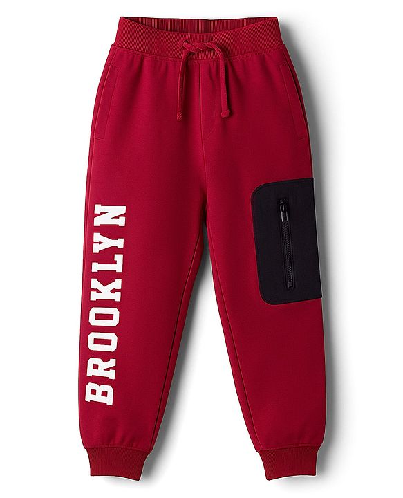 Babyhug Terry Knit Full Length Lounge Pant With Text Print - Red