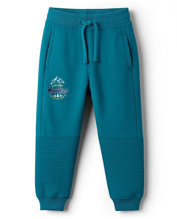 Babyhug French Terry Knit Full Length Lounge Pant With Text Print - Teal Blue