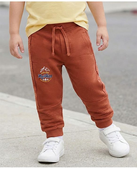 Babyhug French Terry Knit Full Length Lounge Pant with Mountain Print - Rust Orange