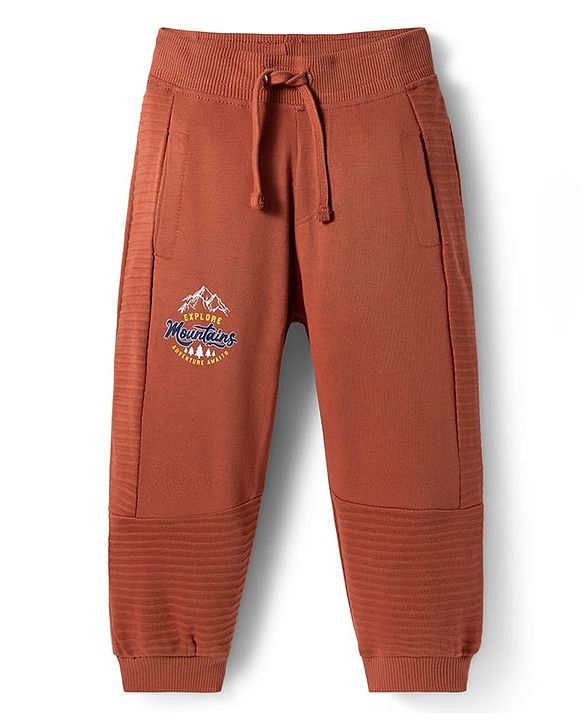 Babyhug French Terry Knit Full Length Lounge Pant with Mountain Print - Rust Orange