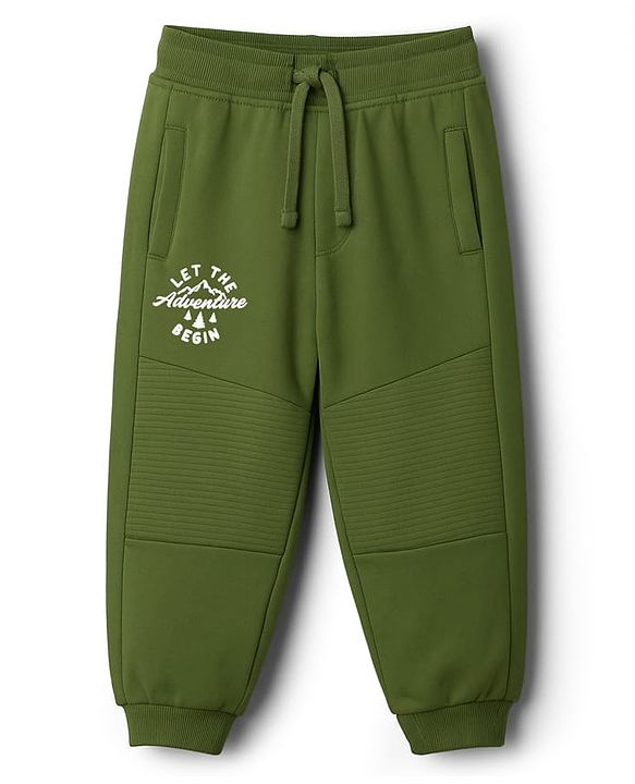 Babyhug French Terry Knit Full Length Lounge Pant With Text Print - Green