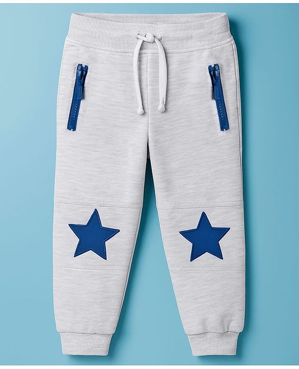 Babyhug French Terry Knit Full Length Lounge Pant With Star Embroidered - Grey
