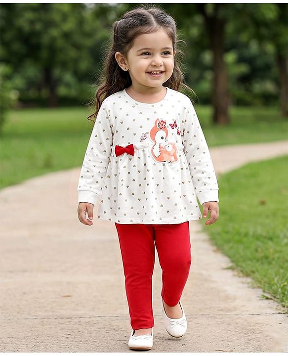 Babyhug Single Jersey Knit Full Sleeves Heart Printed Top & Leggings Set with Bow Applique & Patch Detailing - Red & White