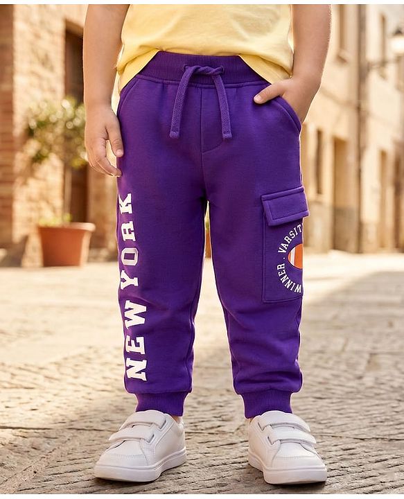 Babyhug French Terry Knit Full Length Lounge Pant With Text Print - Purple
