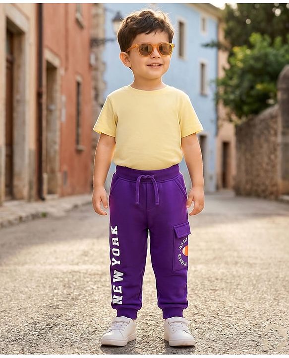 Babyhug French Terry Knit Full Length Lounge Pant With Text Print - Purple