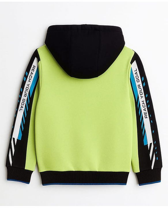 Pine Kids Full Sleeves Hooded Sweatshirt With Win Game Play Text & Kangaroo Pockets - Limegreen