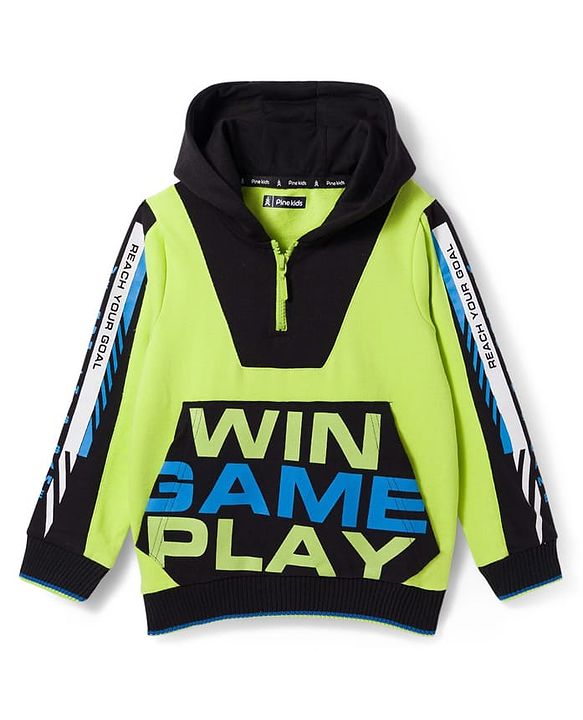 Pine Kids Full Sleeves Hooded Sweatshirt With Win Game Play Text & Kangaroo Pockets - Limegreen