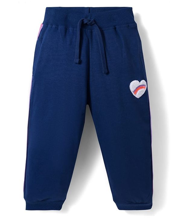 Babyhug French Terry Knit Full Length Lounge Pant With Heart Embriodery - Navy Blue