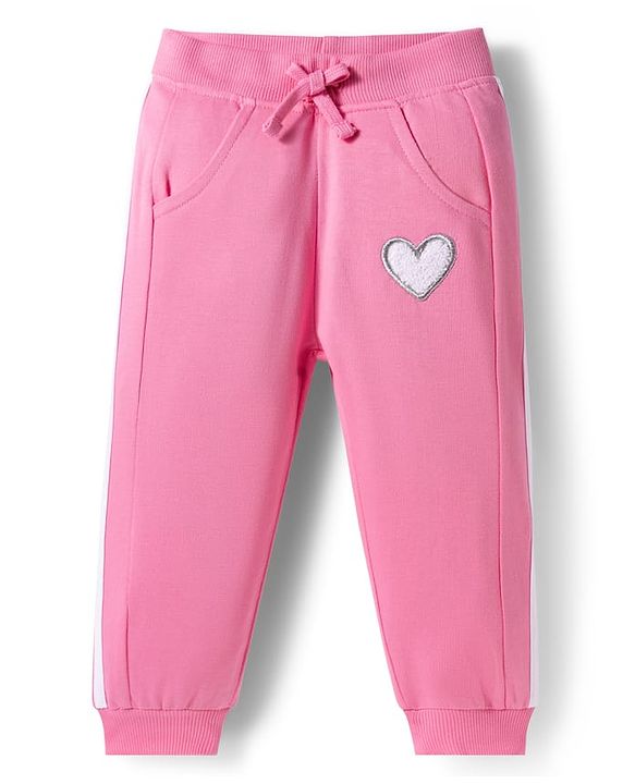 Babyhug French Terry Knit Full Length Lounge Pant with Heart Design - Pink