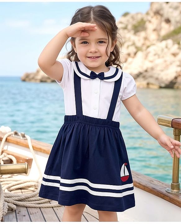 Babyhug Single Jersey Knit Half Puffed Sleeves Peter Pan Collar Top & Skirt Set with Bow Applique & Ship Print - Navy Blue
