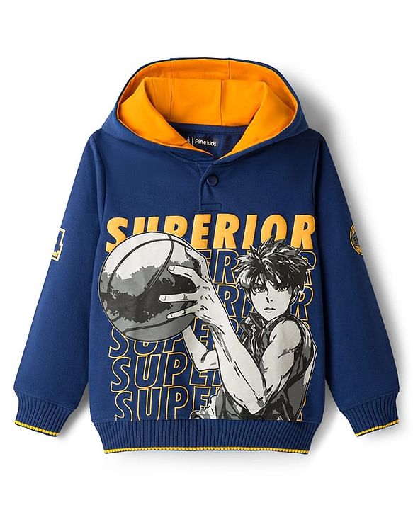 Pine Kids Knit Full Sleeves Hooded Sweatshirt With Basketball Print - Navy Blue