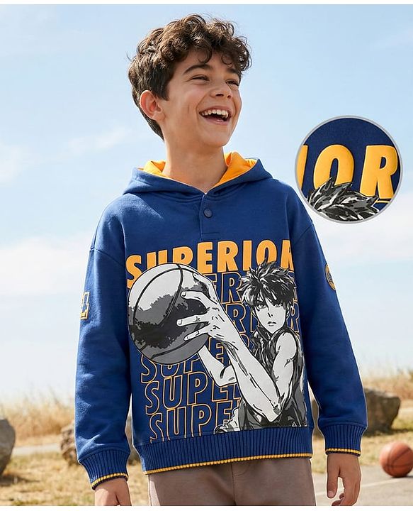 Pine Kids Knit Full Sleeves Hooded Sweatshirt With Basketball Print - Navy Blue