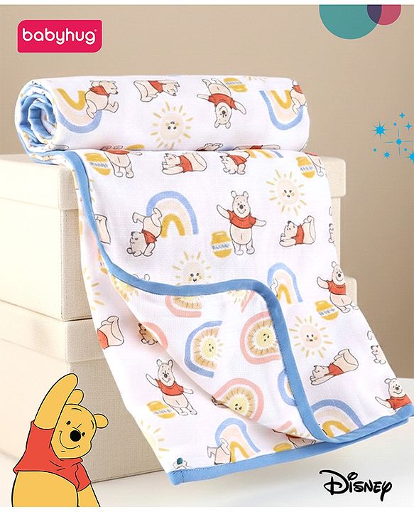 Babyhug Disney 100% Cotton Muslin 3 Layered Baby Blanket Winnie The Pooh Print| Soft Breathable Fabric| Gentle of Baby Skin| Comfortable Warm & Soothing| Machine washable| New Born Gifting Option