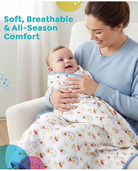 Babyhug Disney 100% Cotton Muslin 3 Layered Baby Blanket Winnie The Pooh Print| Soft Breathable Fabric| Gentle of Baby Skin| Comfortable Warm & Soothing| Machine washable| New Born Gifting Option
