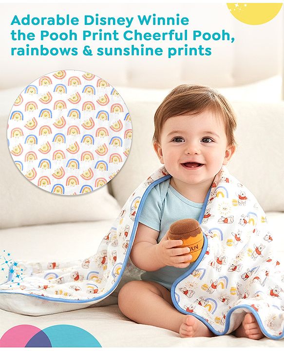 Babyhug Disney 100% Cotton Muslin 3 Layered Baby Blanket Winnie The Pooh Print| Soft Breathable Fabric| Gentle of Baby Skin| Comfortable Warm & Soothing| Machine washable| New Born Gifting Option