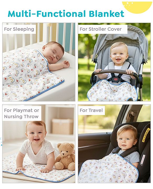 Babyhug Disney 100% Cotton Muslin 3 Layered Baby Blanket Winnie The Pooh Print| Soft Breathable Fabric| Gentle of Baby Skin| Comfortable Warm & Soothing| Machine washable| New Born Gifting Option