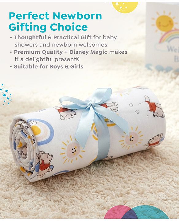 Babyhug Disney 100% Cotton Muslin 3 Layered Baby Blanket Winnie The Pooh Print| Soft Breathable Fabric| Gentle of Baby Skin| Comfortable Warm & Soothing| Machine washable| New Born Gifting Option