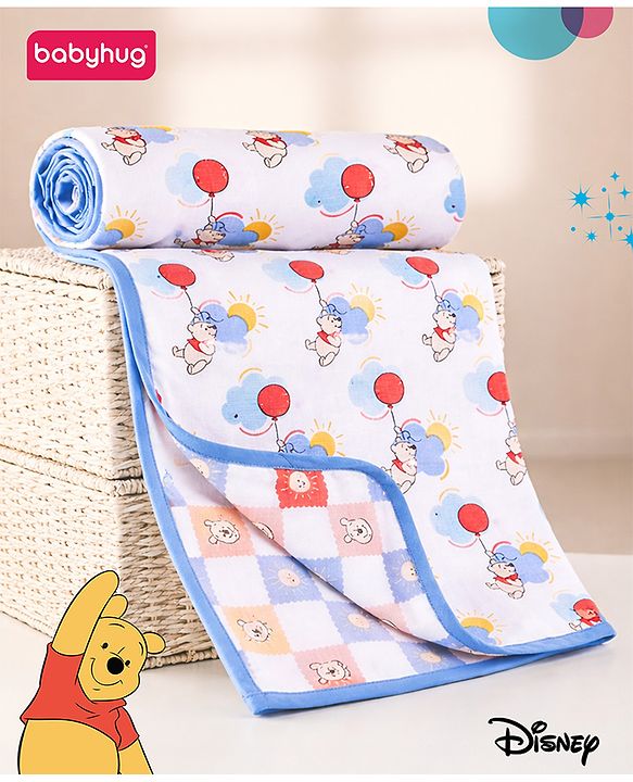 Babyhug Disney 100% Cotton Muslin 3 Layered Baby Blanket Winnie The Pooh Print| Soft Breathable Fabric| Gentle of Baby Skin| Comfortable Warm & Soothing| Machine washable| New Born Gifting Option