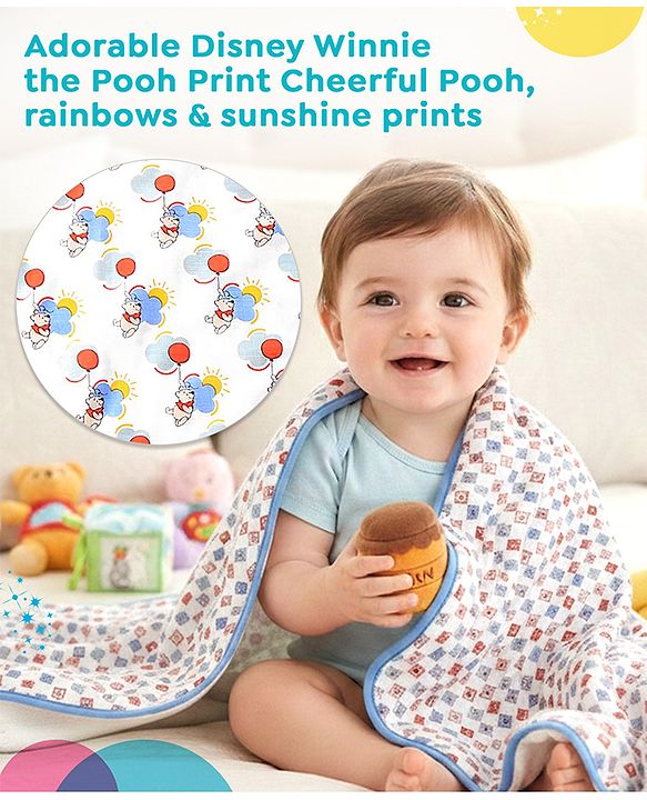 Babyhug Disney 100% Cotton Muslin 3 Layered Baby Blanket Winnie The Pooh Print| Soft Breathable Fabric| Gentle of Baby Skin| Comfortable Warm & Soothing| Machine washable| New Born Gifting Option