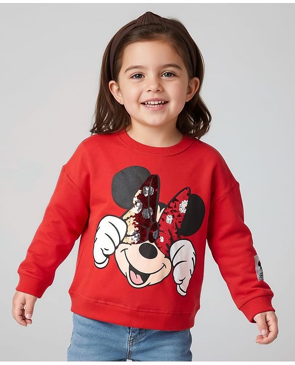 Babyhug Disney Terry Knit Full Sleeves Sweatshirt With Minnie Mouse Graphics & Reversible Sequins - Red