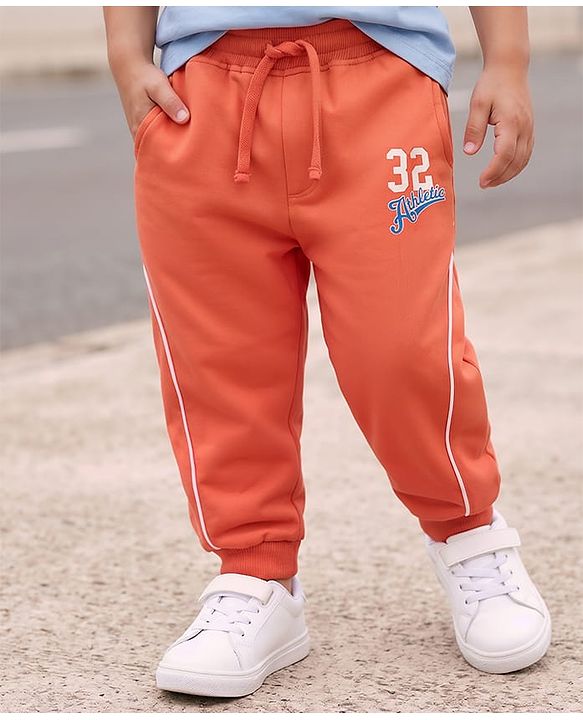 Babyhug Terry Cotton Knit Full Length Text Printed Lounge Pant - Orange