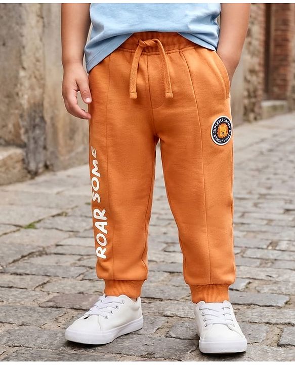Babyhug Terry Cotton Knit Full Length Text Printed Cut & Sew Lounge Pant With Animal Patch - Rust Orange