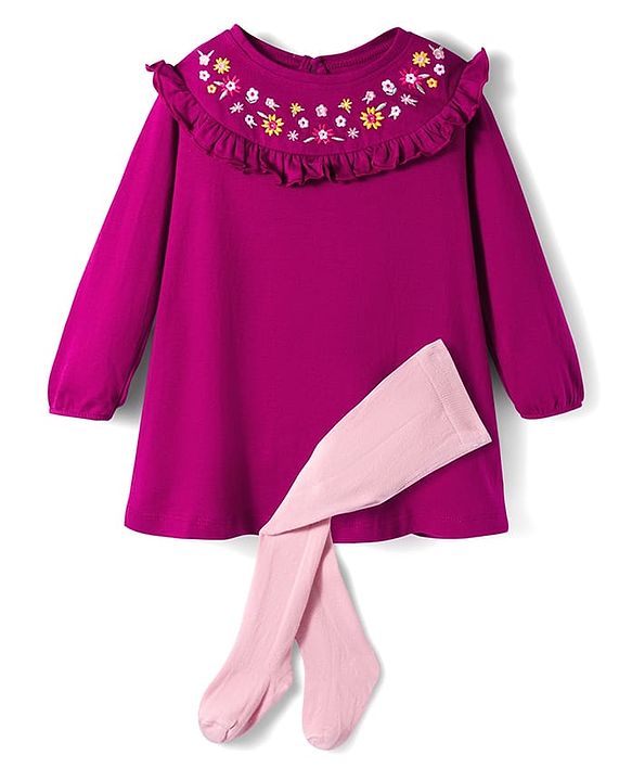 Babyhug Cotton Knit Full Sleeves Frock With Leggings & Floral Embriodery - Purple & Pink