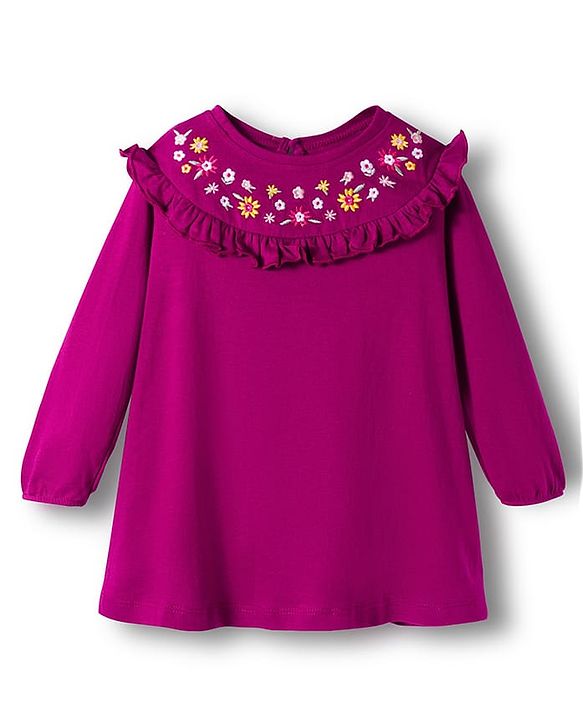 Babyhug Cotton Knit Full Sleeves Frock With Leggings & Floral Embriodery - Purple & Pink