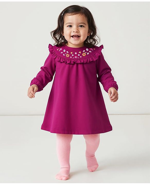 Babyhug Cotton Knit Full Sleeves Frock With Leggings & Floral Embriodery - Purple & Pink