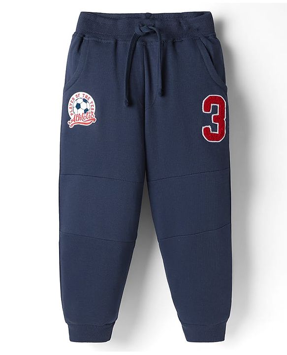 Babyhug Terry 100% Cotton Knit Full Length Text Printed Cut & Sew Lounge Pant With Embroidery - Navy Blue