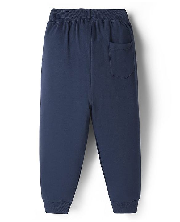 Babyhug Terry 100% Cotton Knit Full Length Text Printed Cut & Sew Lounge Pant With Embroidery - Navy Blue