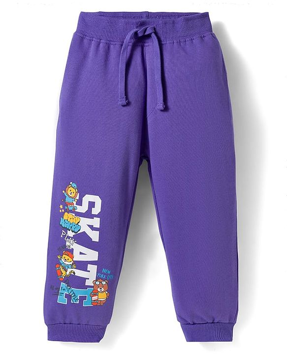 Babyhug French Terry Knit Full Length Lounge Pant With Text Print - Purple
