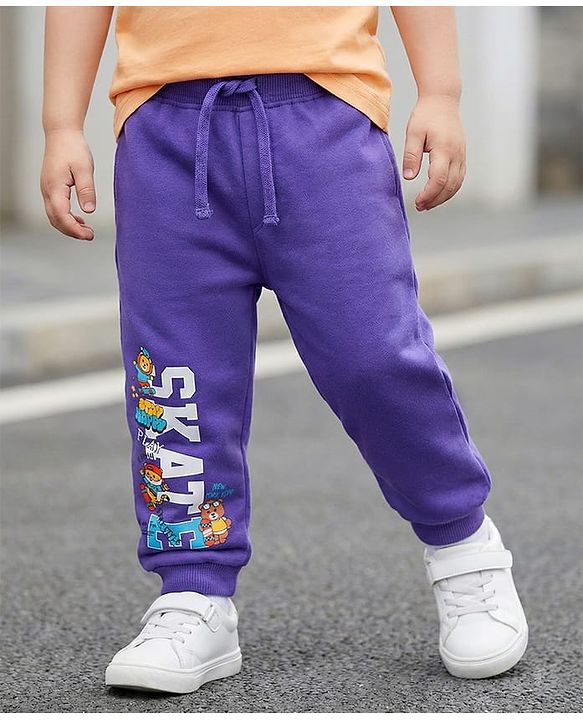 Babyhug French Terry Knit Full Length Lounge Pant With Text Print - Purple