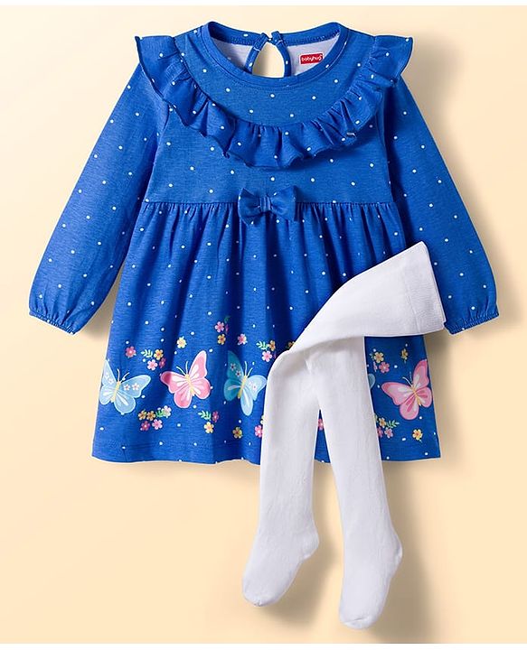 Babyhug Cotton Knit Full Sleeves Frock with Leggings with Butterfly Print Frill Detailing & Bow Applique - Blue