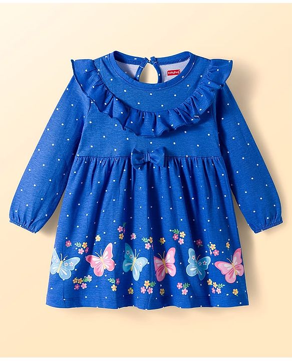 Babyhug Cotton Knit Full Sleeves Frock with Leggings with Butterfly Print Frill Detailing & Bow Applique - Blue