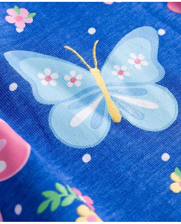 Babyhug Cotton Knit Full Sleeves Frock with Leggings with Butterfly Print Frill Detailing & Bow Applique - Blue